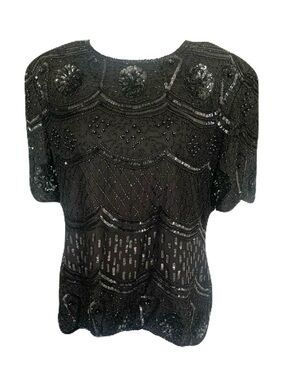 NWT Stenay Large Black Beaded Sequin Embellished Short-Sleeve Silk Top Party